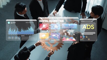 A diverse business team collaborates on digital marketing strategies, utilizing data analytics and innovative ad campaigns in a modern office setting, fostering teamwork and growth. Raster - Powered by Adobe