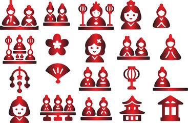 Traditional Japanese Hina Dolls Icon Set Celebration of Girl's Day with Royalty, Flowers, and Cultural Symbols