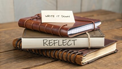 Stylish notebooks stacked with prompts for reflection and creativity