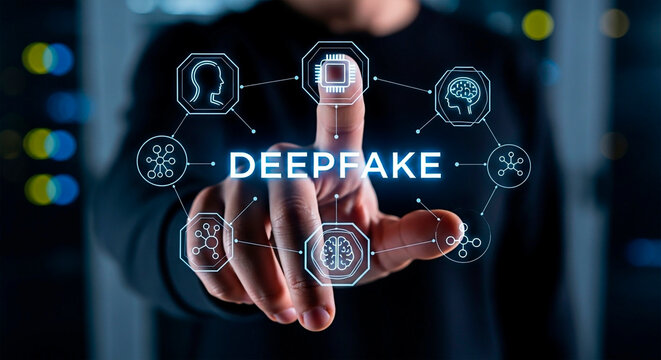 Deepfake concept touching to the screen.