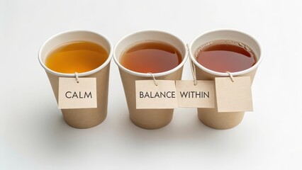 Tranquil Tea Cups with Labels Promoting Calm and Balance Within