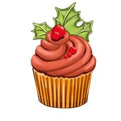 Delicious cupcake decorated with holiday frosting and berries