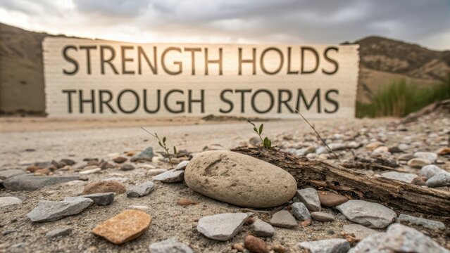 Strength Holds Through Storms Inspirational Sign on Rocky Landscape