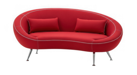 Modern red sofa isolated on transparent background with two red pillows