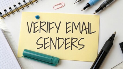 Verify Email Senders Note on Desk with Office Supplies and Tools