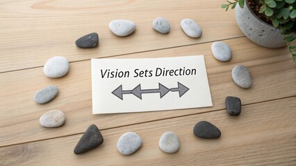 Vision Sets Direction With Stones and Greenery on Wooden Surface