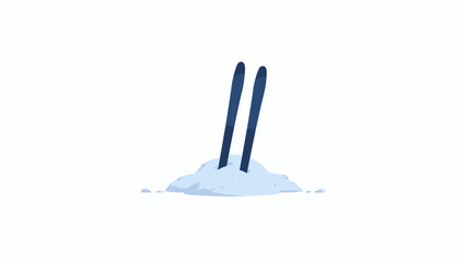 Dark blue skis stuck in snow upright on white minimal background winter outdoor concept