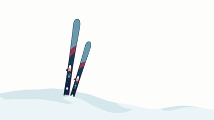 Pair of blue and red skis stuck in snow upright in soft snowdrift winter recreation concept