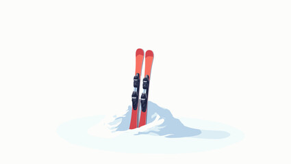 Red skis stuck in snow upright with bindings on snowy mound winter alpine concept