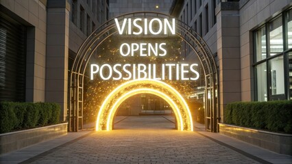 Vision Opens Possibilities Archway Illuminated at Modern Office Building