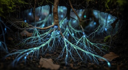 A tree with glowing blue roots in a forest setting.