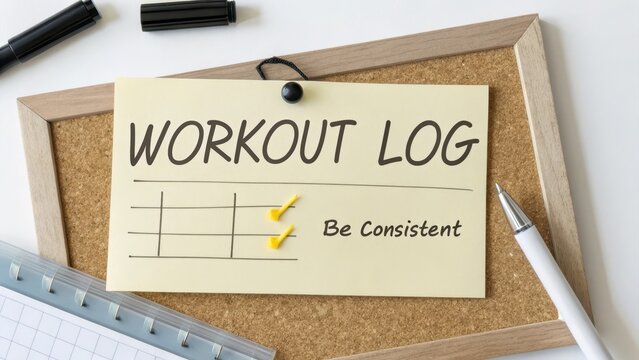 Workout Log on Cork Board with Pens and Notepad for Fitness Tracking