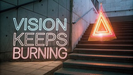 Vision Keeps Burning Neon Sign on Urban Concrete Staircase