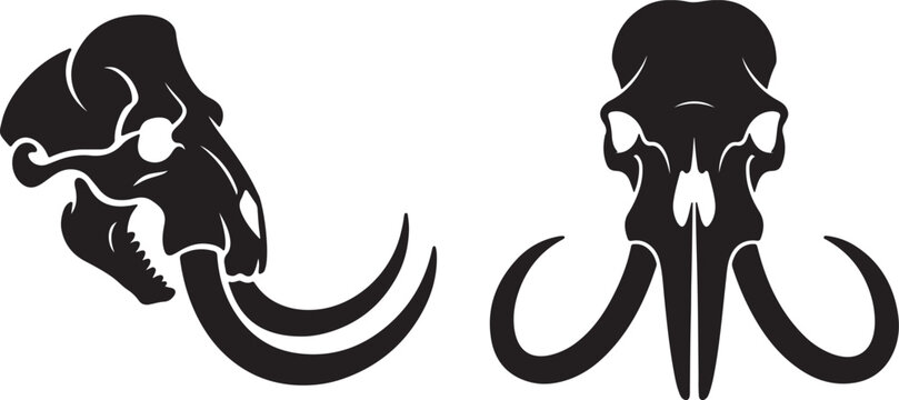 Mammoth Skull Silhouette Set Front and Side View Vector Illustration 