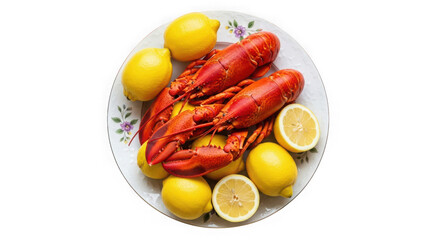 Delicious cooked lobsters with fresh lemons isolated on transparent background