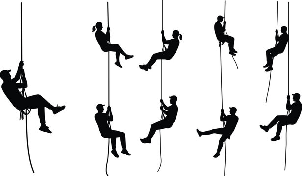 Silhouette of people climbing ropes, teamwork adventure training, fitness strength exercise, outdoor challenge activity, motivation, endurance, balance, sports, achievement