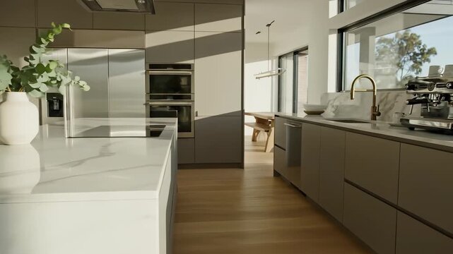A modern kitchen with a sleek center island, large window, and lush plant on the counter perfectly captures the essence of contemporary living, blending comfort and style seamlessly.