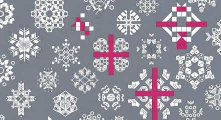 Geometric snowflakes and pink crosses on grey background pattern winter