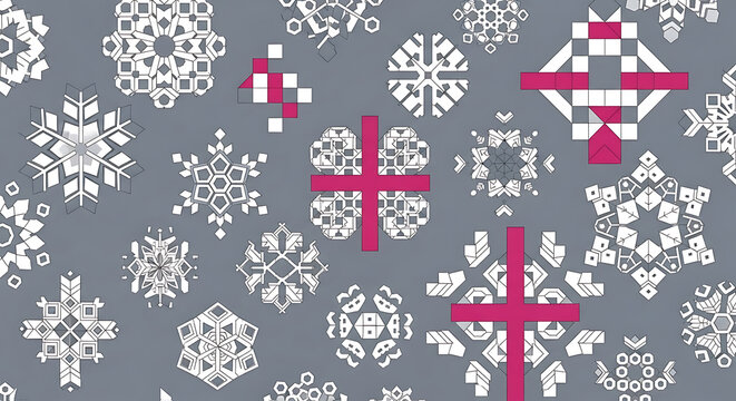 Geometric snowflakes and pink crosses on grey background pattern winter