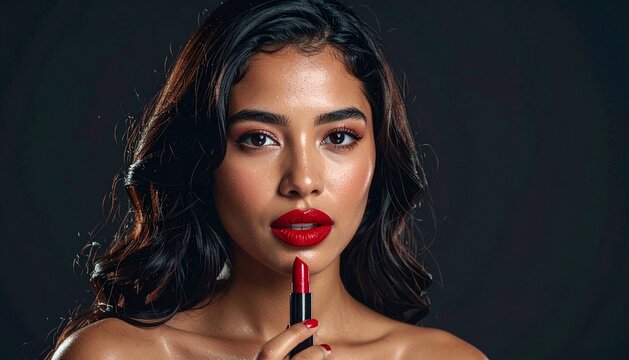 Woman with Red Lipstick and Glamorous Makeup