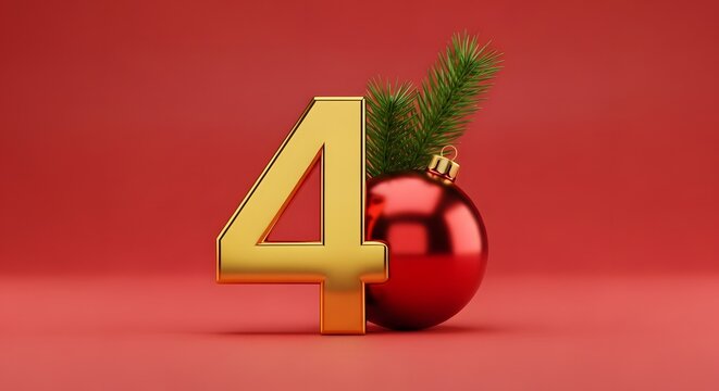 Golden number four with red christmas ornament and pine branch on red background