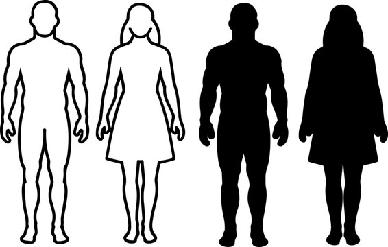 Figures of a man and woman standing side by side in full body view Black silhouette 