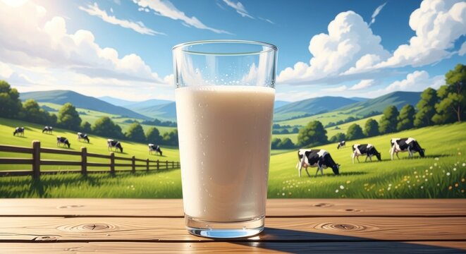 A glass of milk on a wooden table with a scenic countryside background.