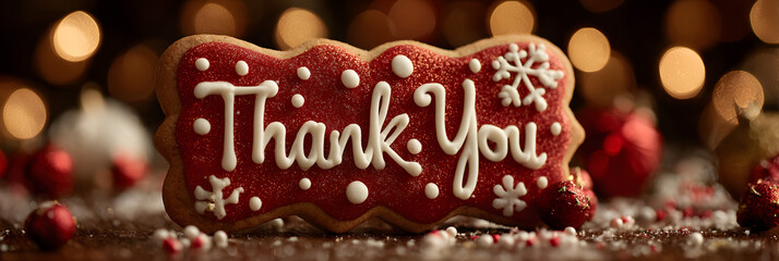 Vibrant red gingerbread cookie adorned with a 'Thank You' message, surrounded by festive decorations and glowing light bokeh.