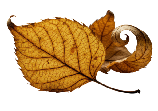 Three distinct dry autumn leaves, golden-amber and russet, intricately detailed in extreme macro with dramatic chiaroscuro lighting on a transparent background, concept of fragile natural beauty