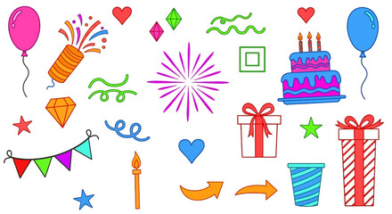 A vibrant collection of hand-drawn doodle illustrations for birthday parties and celebrations, including cake, gifts, and balloons