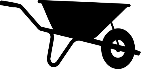 A Silhouette of a black garden wheelbarrow with one wheel and handles for landscaping and construction vector art