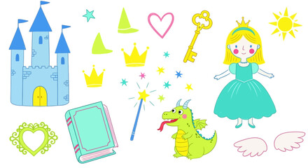 Magical kingdom clipart collection featuring a princess, friendly dragon, enchanted castle, and fairytale accessories
