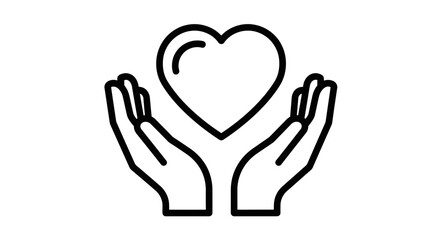 An outline icon of hands holding a heart, symbolizing love, charity, compassion, and healthcare support for donation and community