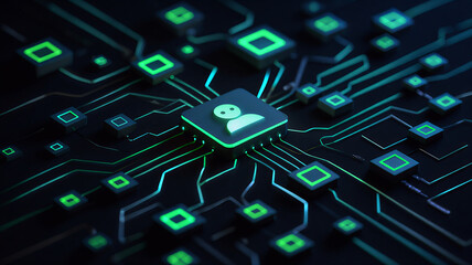 Futuristic AI workflow automation system with interconnected nodes, triggers, and data flow sleek artificial intelligence dashboard interface showing coding icons, analytics, and automation processe