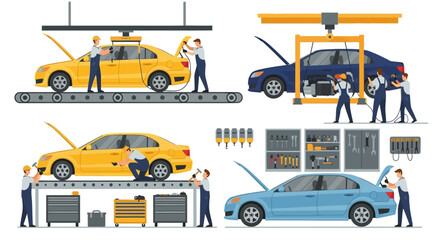 A set of illustrations showing the car manufacturing process on an assembly line and vehicle repair services in a workshop © Hussnain