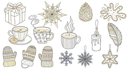 Hand-drawn collection of cozy winter holiday icons in a gold and black doodle style. Vector set with tea, mittens, snowflakes, and festive elements