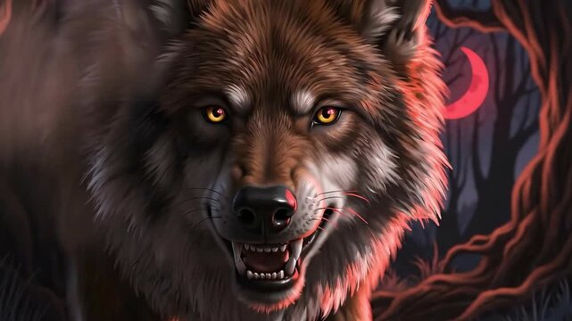 The Lone Wolf in the Forest: a wolf stares into the camera with an intense gaze, creating a compelling visual narrative. Captured in a mysterious forest under the gaze of a crescent moon.
