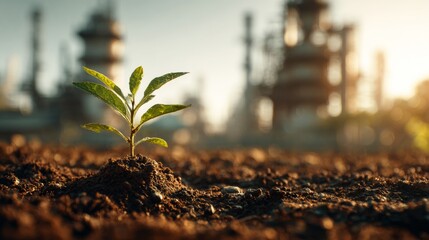 Green plant sprout growing in soil near industrial area at sunrise