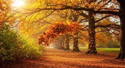 Obraz premium Autumn leaves falling in a park with a sun shining through the trees.