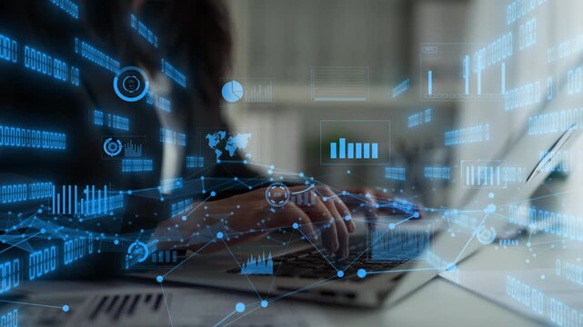 A close-up view of hands typing on a laptop with an overlay of digital data visualization, showcasing graphs and technology in a modern workspace environment. Xenic