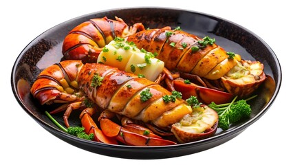 Succulent Grilled Lobster Tails on a plate in a bowl over a white background and Transparent Background