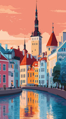 Fototapeta premium Cityscape of Tallinn, capital city of estonia, attractive touristic advertisement poster, beautiful touristic must-see destination. Beautiful tourist destination, in central europe.