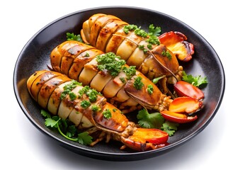Succulent Grilled Lobster Tails on a plate in a bowl over a white background and Transparent Background