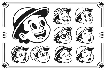 Cartoon Boy Faces with Hats in Black and White Outline Vintage Style with Various Expressions