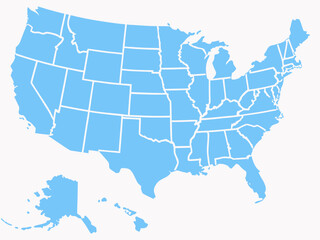 Light Blue United States of America Map with State Borders on a White Background light