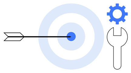 Arrow hitting the center of a blue target accompanied by gear and wrench icons. Ideal for goals, accuracy, problem-solving, teamwork, productivity, strategy, creativity. Simple flat metaphor