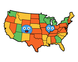 Colorful United States Map with State Borders Stars and a Heart Symbol on a White Background