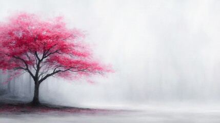 Obraz premium A vibrant, pink-flowered tree stands in soft fog, minimalist style