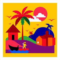 Vector illustration of a vibrant colorful village scene with houses and green rolling landscape