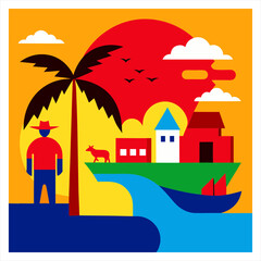 Vector illustration of a vibrant colorful village scene with houses and green rolling landscape